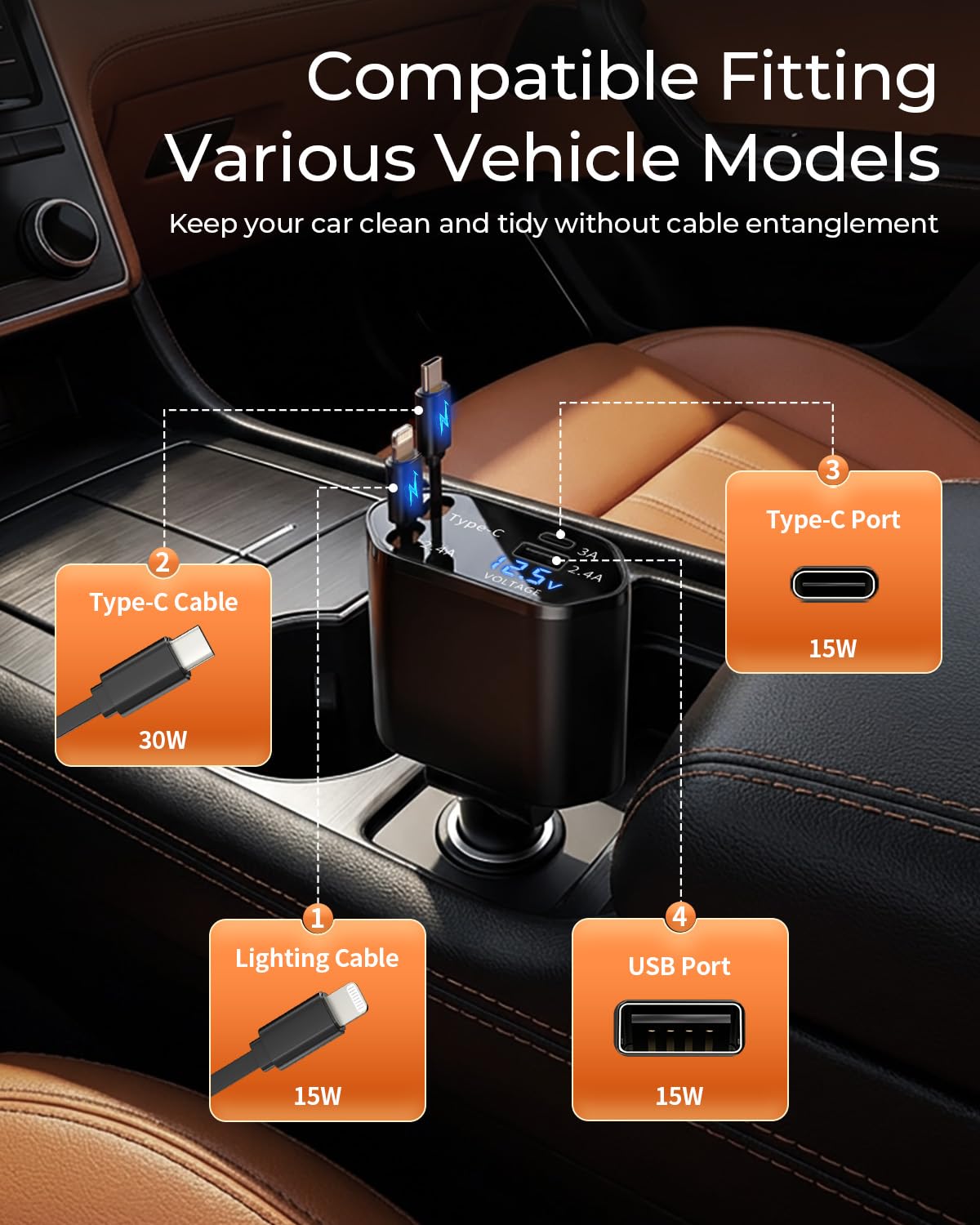 Retractable Car Charger, 4-in-1 Fast Charger with USB-C & USB-A