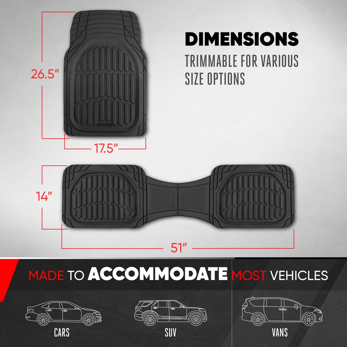Motor Trend -2 Piece Front Car Floor Mats- Black FlexTough Contour Liners-Deep Dish Heavy Duty Rubber Floor Mats for Car SUV Truck & Van-All Weather Protection, Universal Trim to Fit