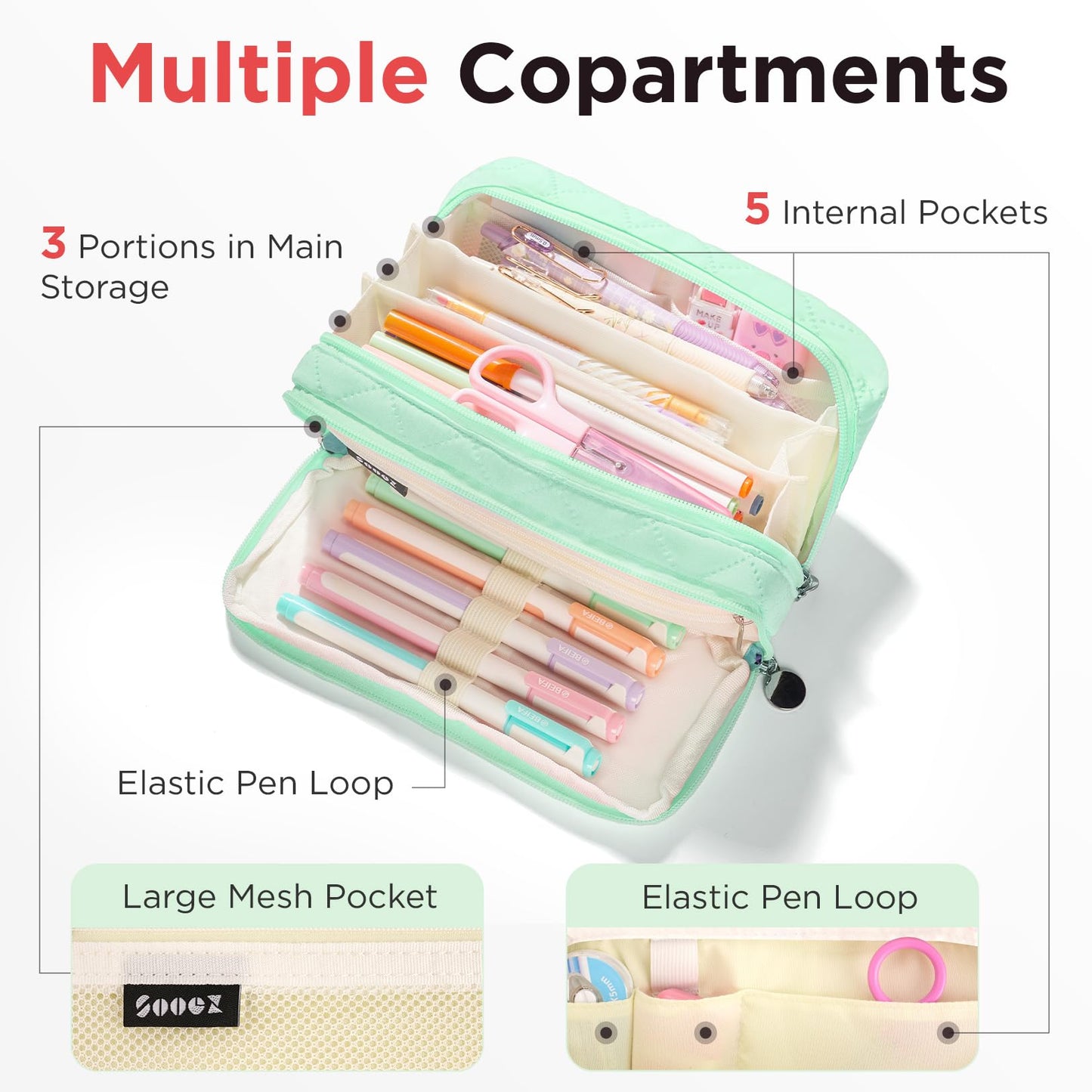 Sooez Large Pencil Case Pouch, Extra Big Pencil Bag with 8 Compartments, Pen Bag Wide Opening, Soft Quilted Pencil Pouch Organizer with Zipper, Portable Pencil Case for Teen Girls, Beige