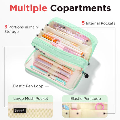 Sooez Large Pencil Case Pouch, Extra Big Pencil Bag with 8 Compartments, Pen Bag Wide Opening, Soft Quilted Pencil Pouch Organizer with Zipper, Portable Pencil Case for Teen Girls, Beige