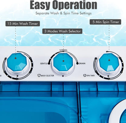 COSTWAY Portable Washing Machine, Twin Tub 26lbs Capacity Laundry Washer, 18lbs Washer and 8lbs Spinner Combo with Timer Knobs, Built-in Drain Pump, Compact Washer for Home Dorm Apartment, Blue+White