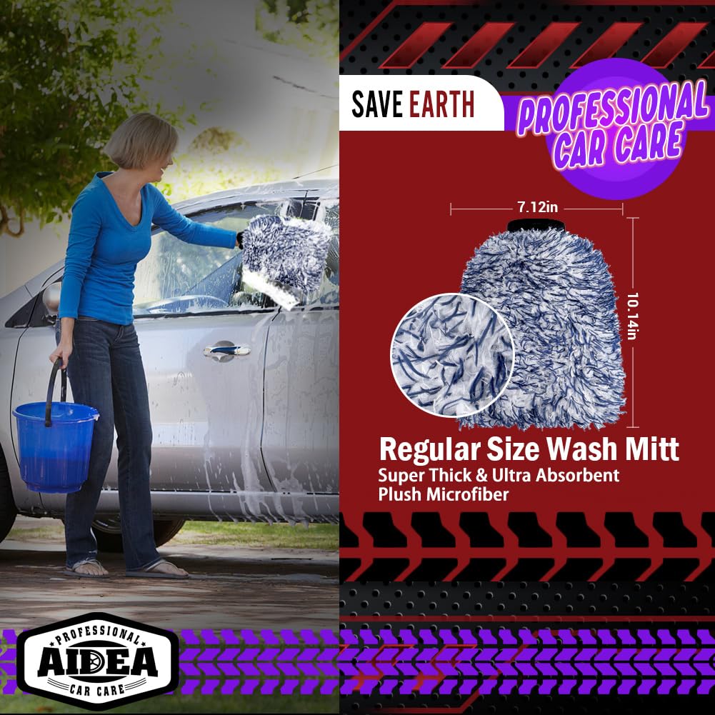 AIDEA Car Wash Mitt Microfiber, 4PK,Car Wash Brush, Green 8''X12''