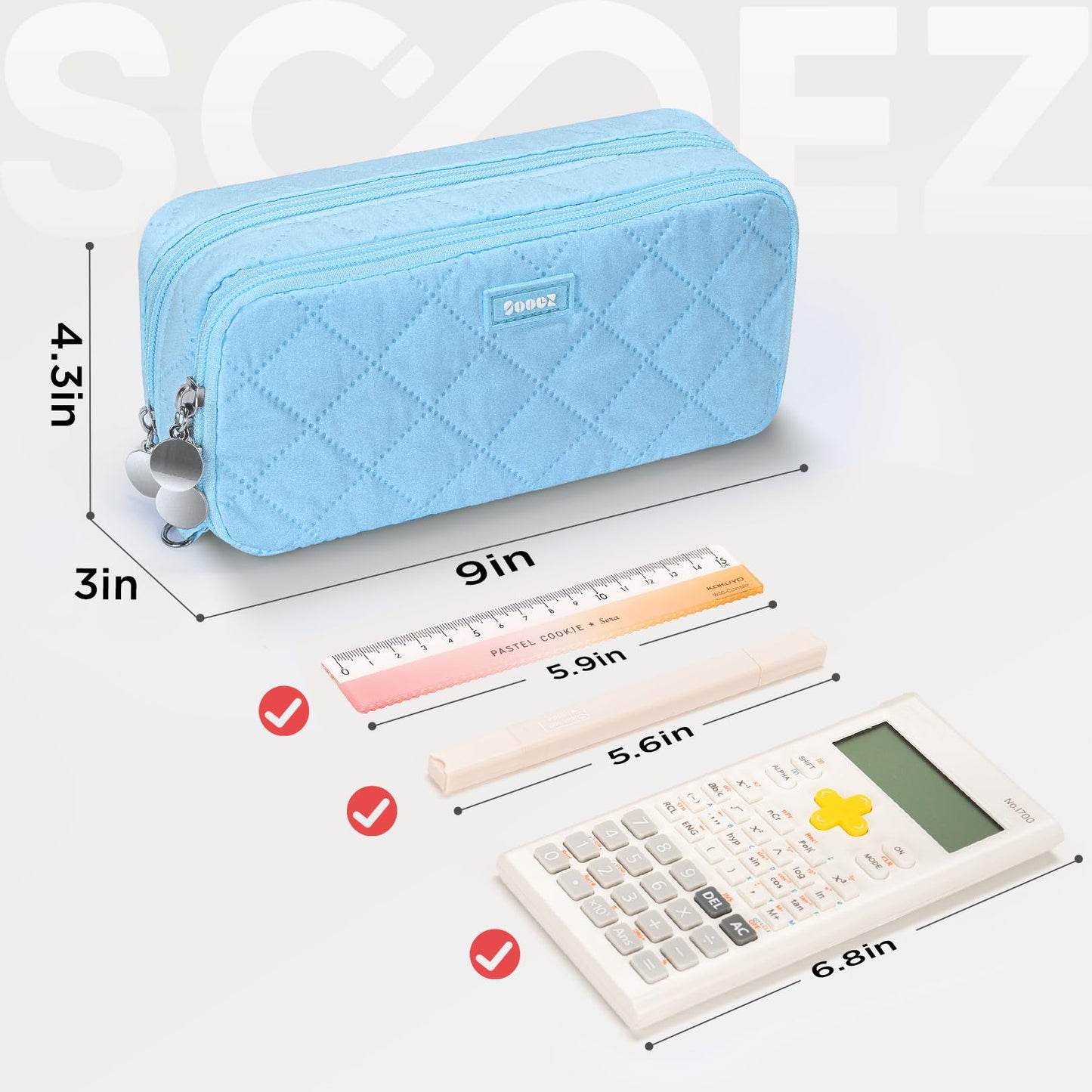 Sooez Large Pencil Case Pouch, Extra Big Pencil Bag with 8 Compartments, Pen Bag Wide Opening, Soft Quilted Pencil Pouch Organizer with Zipper, Portable Pencil Case for Teen Girls, Beige