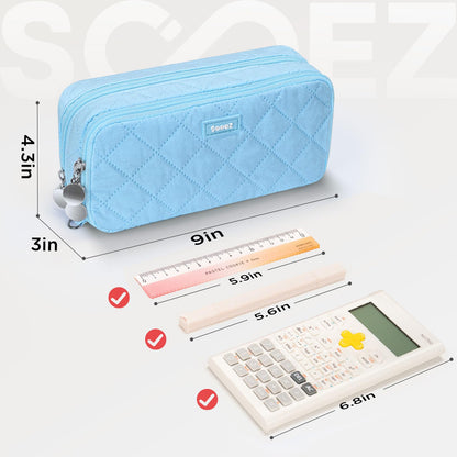 Sooez Large Pencil Case Pouch, Extra Big Pencil Bag with 8 Compartments, Pen Bag Wide Opening, Soft Quilted Pencil Pouch Organizer with Zipper, Portable Pencil Case for Teen Girls, Beige