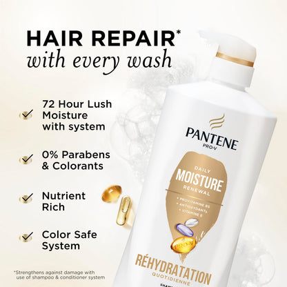 Pantene Shampoo & Conditioner Set, Daily Moisture Renewal - Pro-V Nutrients for Dry, Color-Treated, Straight to Curly Hair, 72-Hour Hydration & Softness, 52.8 Oz Total + Miracle Rescue Shot (0.5 Oz)