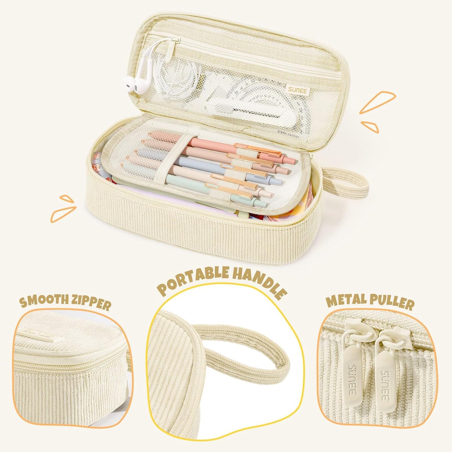 SUNEE Cute Pencil Case, Soft Corduroy Large Capacity Pencil Pouch, Aesthetic Zipper Pencil Bag, Big Storage Pen Organizer for Stationery, Pencil Box Back to School Supplies for Teen Girls Boys, Beige