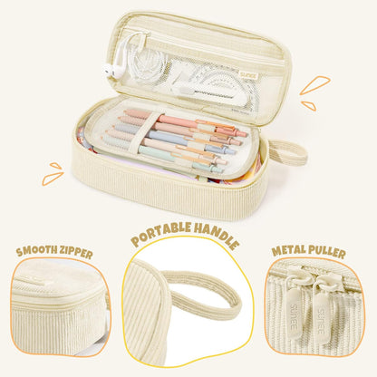 SUNEE Cute Pencil Case, Soft Corduroy Large Capacity Pencil Pouch, Aesthetic Zipper Pencil Bag, Big Storage Pen Organizer for Stationery, Pencil Box Back to School Supplies for Teen Girls Boys, Beige