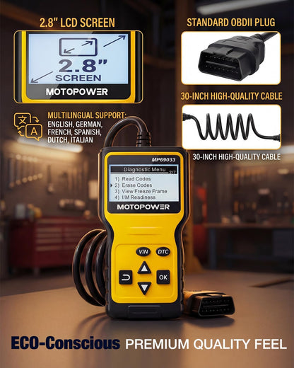 MOTOPOWER MP69033 Car OBD2 Scanner Code Reader Engine Fault Scanner CAN Diagnostic Scan Tool for All OBD II Protocol Cars Since 1996, Yellow