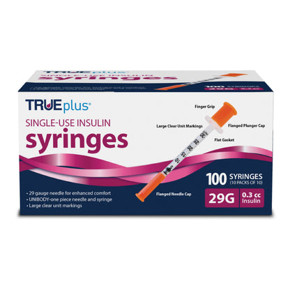 TRUEplus Single-Use Insulin Syringes, 31G, 0.3cc, 5/16 Inch, 100 Count