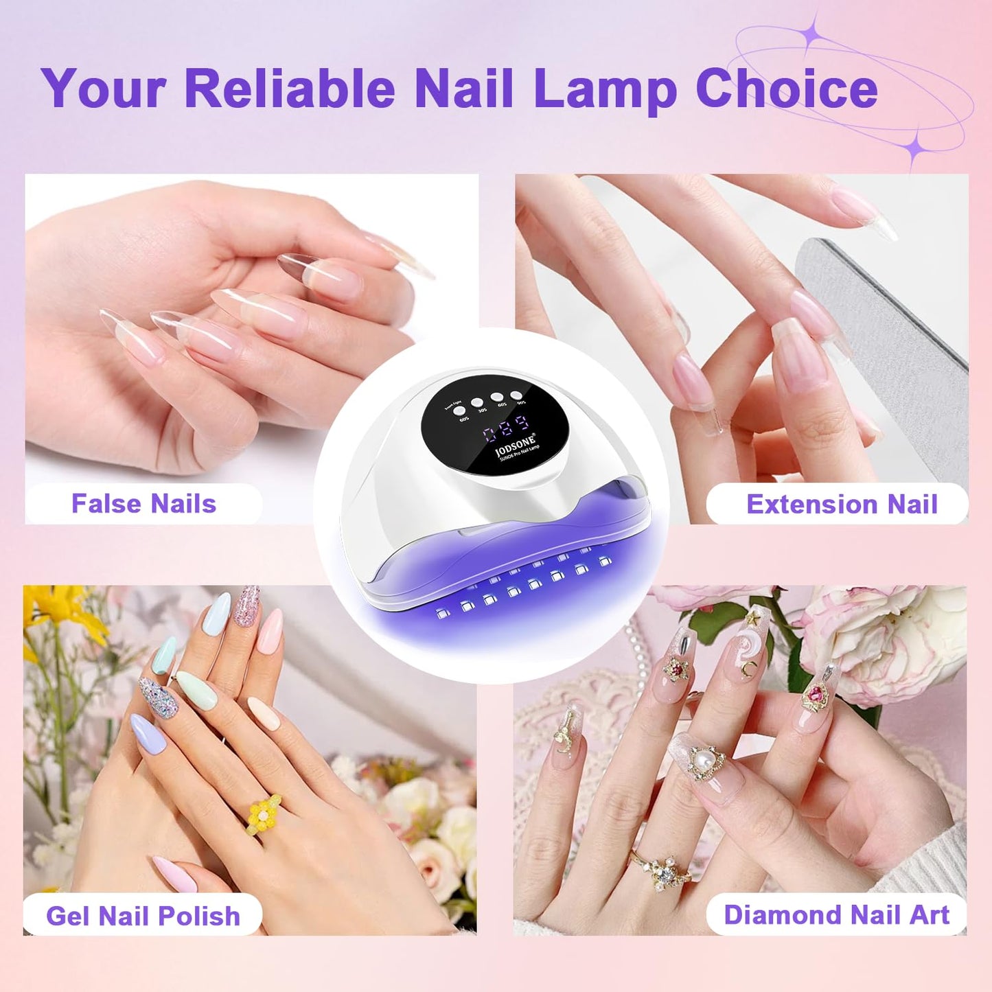 JODSONE U V LED Nail Lamp with Base Coat Top Coat Set, Nail Dryer for Gel Polish for Nails with Automatic Sensor & 4 Timers