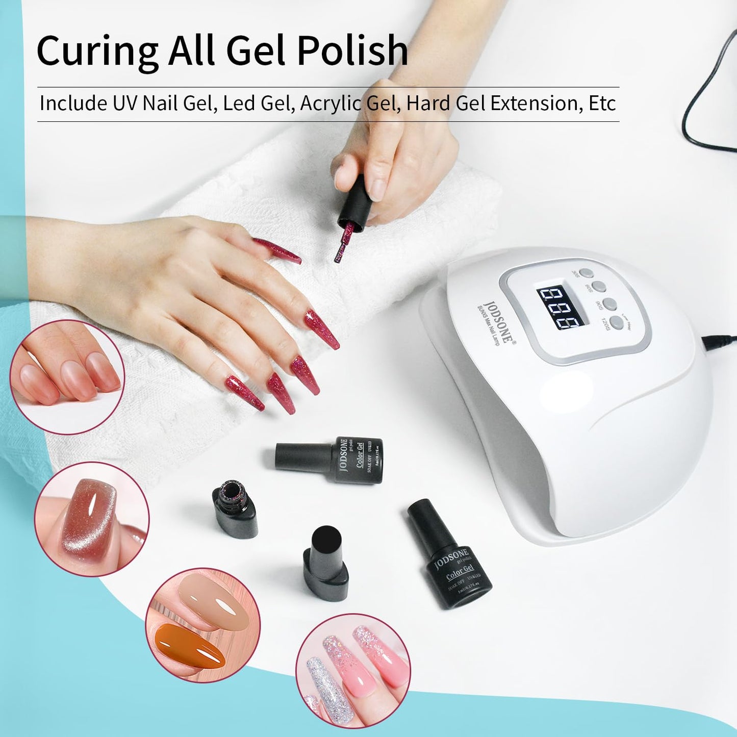 JODSONE U V LED Nail Lamp with Base Coat Top Coat Set, Nail Dryer for Gel Polish for Nails with Automatic Sensor & 4 Timers