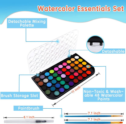 48 Colors Washable Watercolor Paint Set, with 3 Brushes Pen