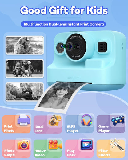 Dylanto Kids Camera Instant Print,1080P Kids Instant Cameras that Print Photos,Christmas Birthday Gifts for Girls Age 3-12,Portable Toy for 3 4 5 6 7 8 9 10 Year Old Girls Boys Pink