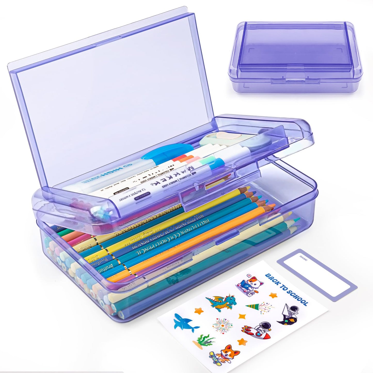 Double Layer Plastic Clear Hard Colored Pencil Box Case Pen Crayon Box