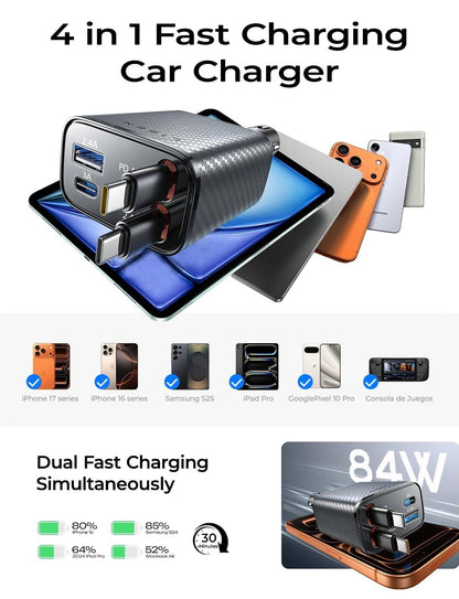 LISEN 72W Retractable Car Charger Ultra-Compact USBC Fast Car Charger