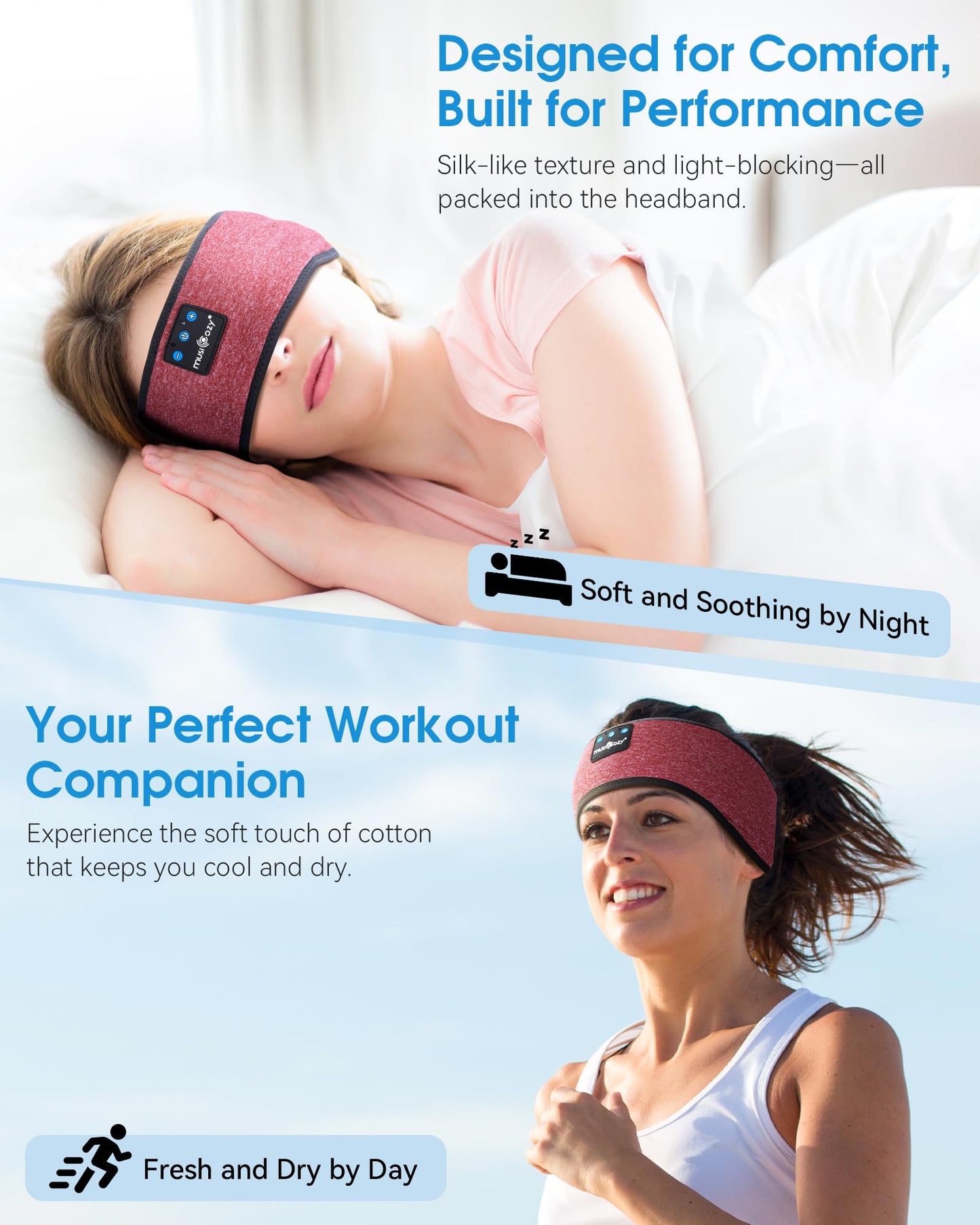 MUSICOZY Sleep Headphones Bluetooth Headband Headphones for Side Sleepers