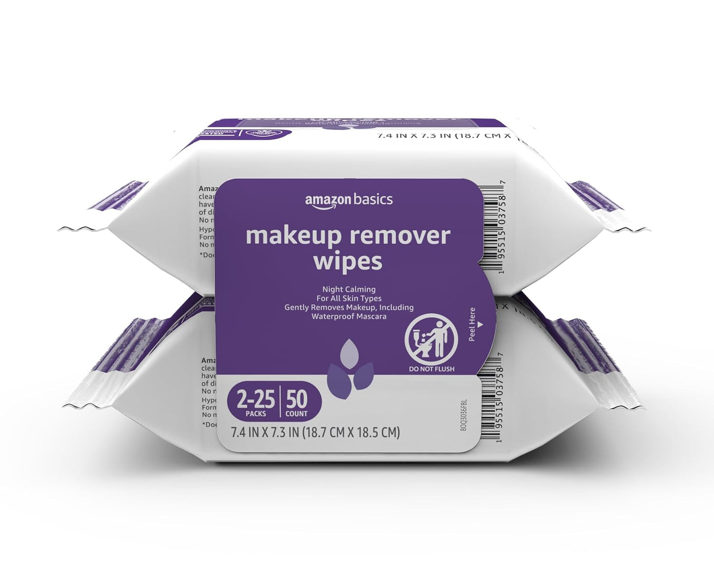 Amazon Basics Makeup Remover Wipes, Fragrance-Free, Alcohol-Free, Gentle Cleansing, Plant-Based, Dermatologist Tested, Removes Waterproof Mascara, Resealable, 25 Count, 1-Pack