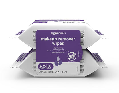 Amazon Basics Makeup Remover Wipes, Fragrance-Free, Alcohol-Free, Gentle Cleansing, Plant-Based, Dermatologist Tested, Removes Waterproof Mascara, Resealable, 25 Count, 1-Pack