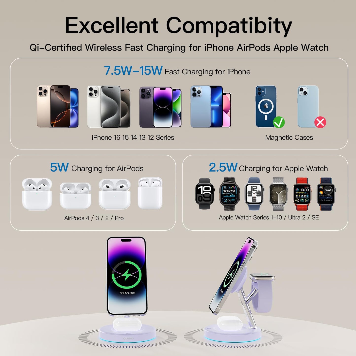 3 in 1 Mag-Safe Wireless Charger Stand for iPhone Apple Watch AirPods