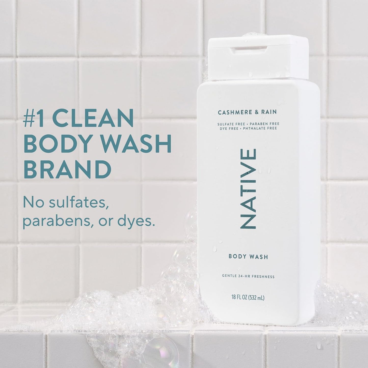 Native Clean Body Wash, Gentle & pH-balanced for Sensitive Skin, 24-Hr Freshness for Women & Men, Vegan & Cruelty-Free, Free of Sulfates, Parabens & Phthalates, Cashmere & Rain, 18 fl oz