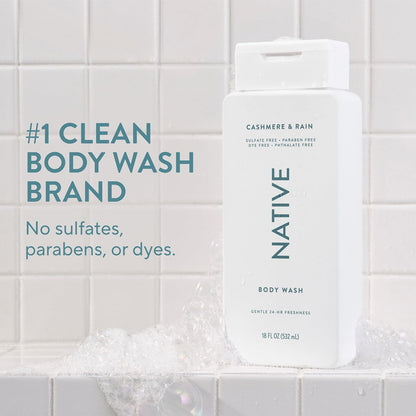 Native Clean Body Wash, Gentle & pH-balanced for Sensitive Skin, 24-Hr Freshness for Women & Men, Vegan & Cruelty-Free, Free of Sulfates, Parabens & Phthalates, Cashmere & Rain, 18 fl oz