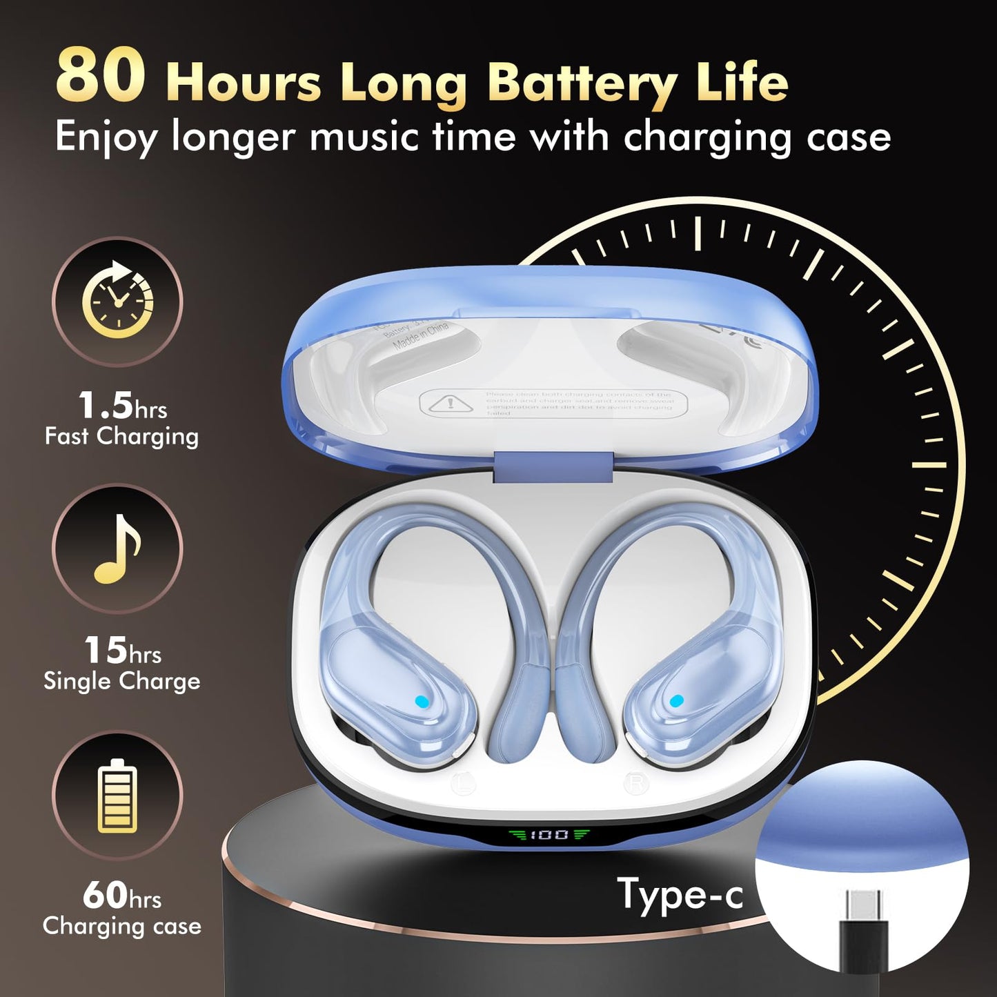 HAOYUYAN Wireless Earbuds, Sports Bluetooth Headphones, 80Hrs Playtime Ear Buds with LED Power Display, Noise Canceling Headset, IPX7 Waterproof Earphones for Workout/Running (Purple)