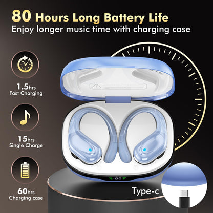 HAOYUYAN Wireless Earbuds, Sports Bluetooth Headphones, 80Hrs Playtime Ear Buds with LED Power Display, Noise Canceling Headset, IPX7 Waterproof Earphones for Workout/Running (Purple)