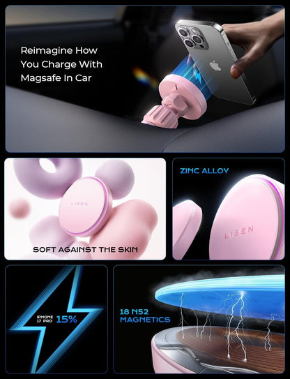 LISEN 15W MagSafe Car Mount Charger, Magnetic Phone Holders for Your Car