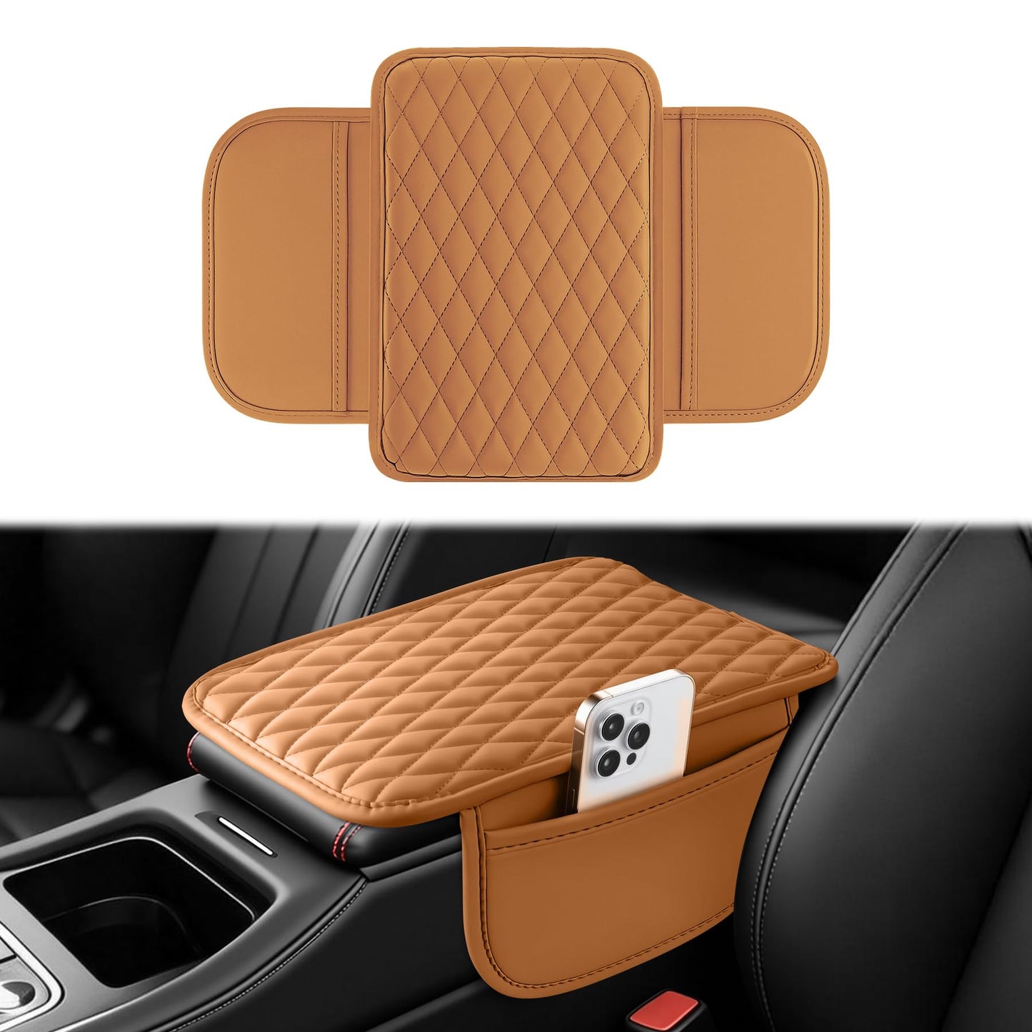 Amiss Car Center Console Cover, Upgraded Leather Car Armrest Cushion with 2 Storage Pockets, Universal Waterproof Cushion Pad, Non-Slip Car Interior Accessories, Fits Most Sedans SUVs Trucks (Black)