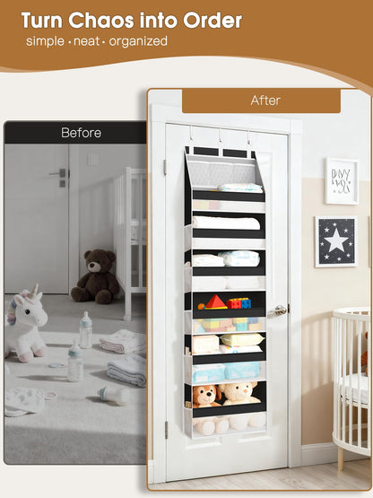 Criusia Over the Door Organizer, Heavy-Duty 6-Shelf Hanging Storage with 13 Mesh Pockets, 55lbs Capacity Behind the Door Storage for Nursery, Bathroom, Bedroom, and Dorm, White