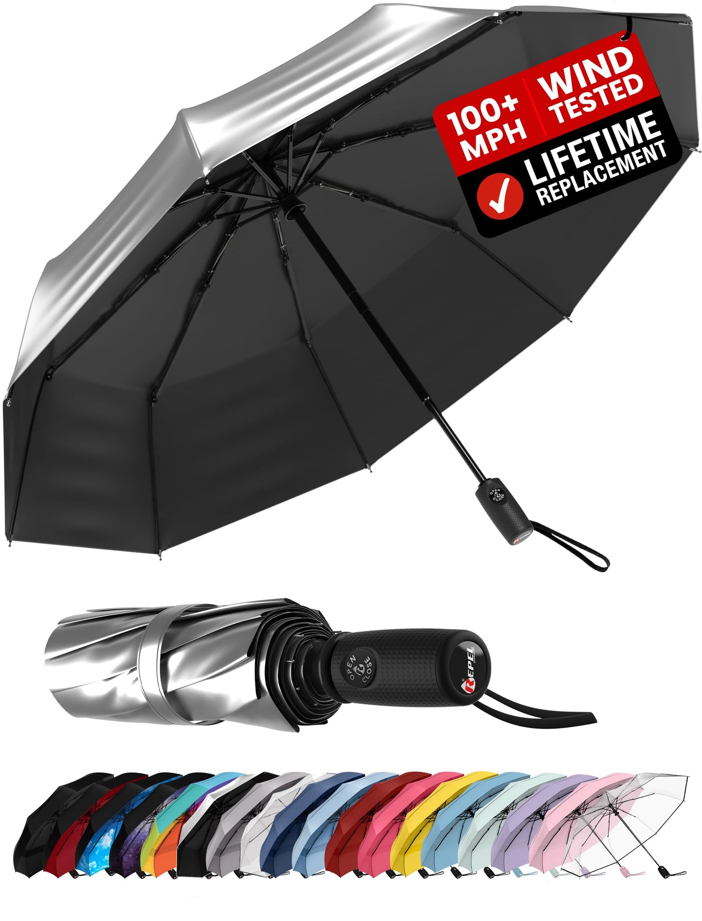 Windproof Travel Umbrella - Compact & Withstands Winds up to 100MPH, Strongest Premium Auto Folding Umbrella for Rain and Sun - Durable, Light & Portable for Women & Men, Fits Backpack & Cars