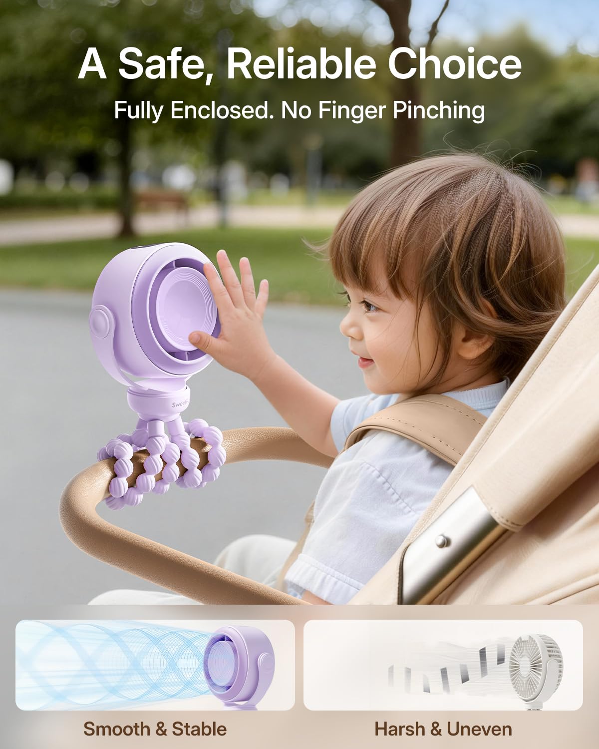 SWEETFULL Portable Stroller Fan, Pinch-Proof Baby Fan - Cream
