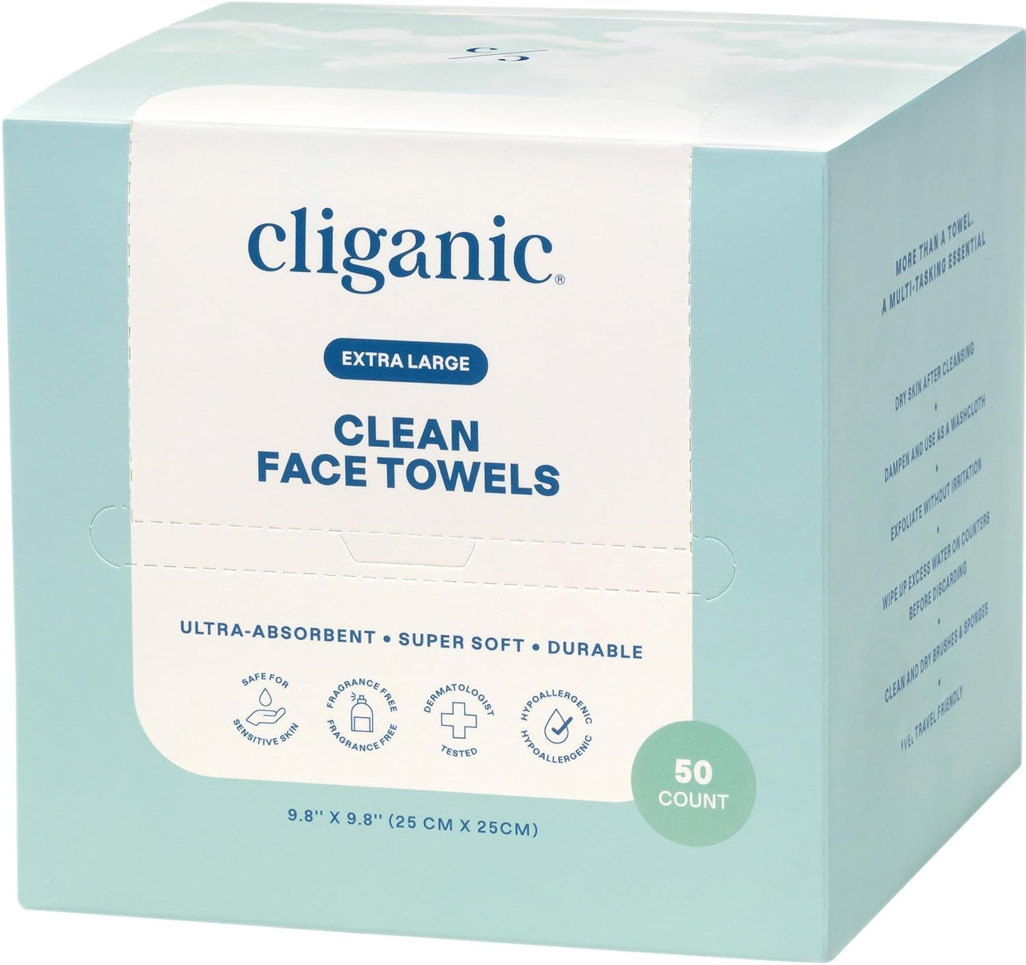 Cliganic Face Towels XL, Disposable Makeup Remover, Soft Dry Wipes, 50 ct