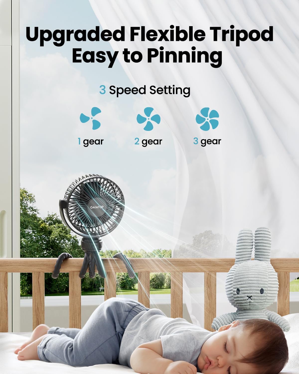 Gaiatop Mini Portable Stroller Fan, Small Clip on Fan 3 Speed Rechargeable