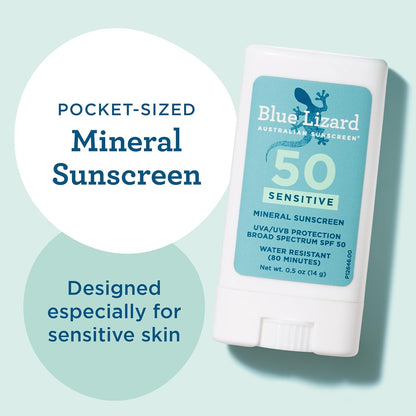 Blue Lizard Sensitive Mineral SPF 50 Sunscreen Lotion, 100% Mineral Sunscreen, UVA/UVB Protection, Infused with organic Aloe Vera, Soothes and Hydrates, 5 fl oz