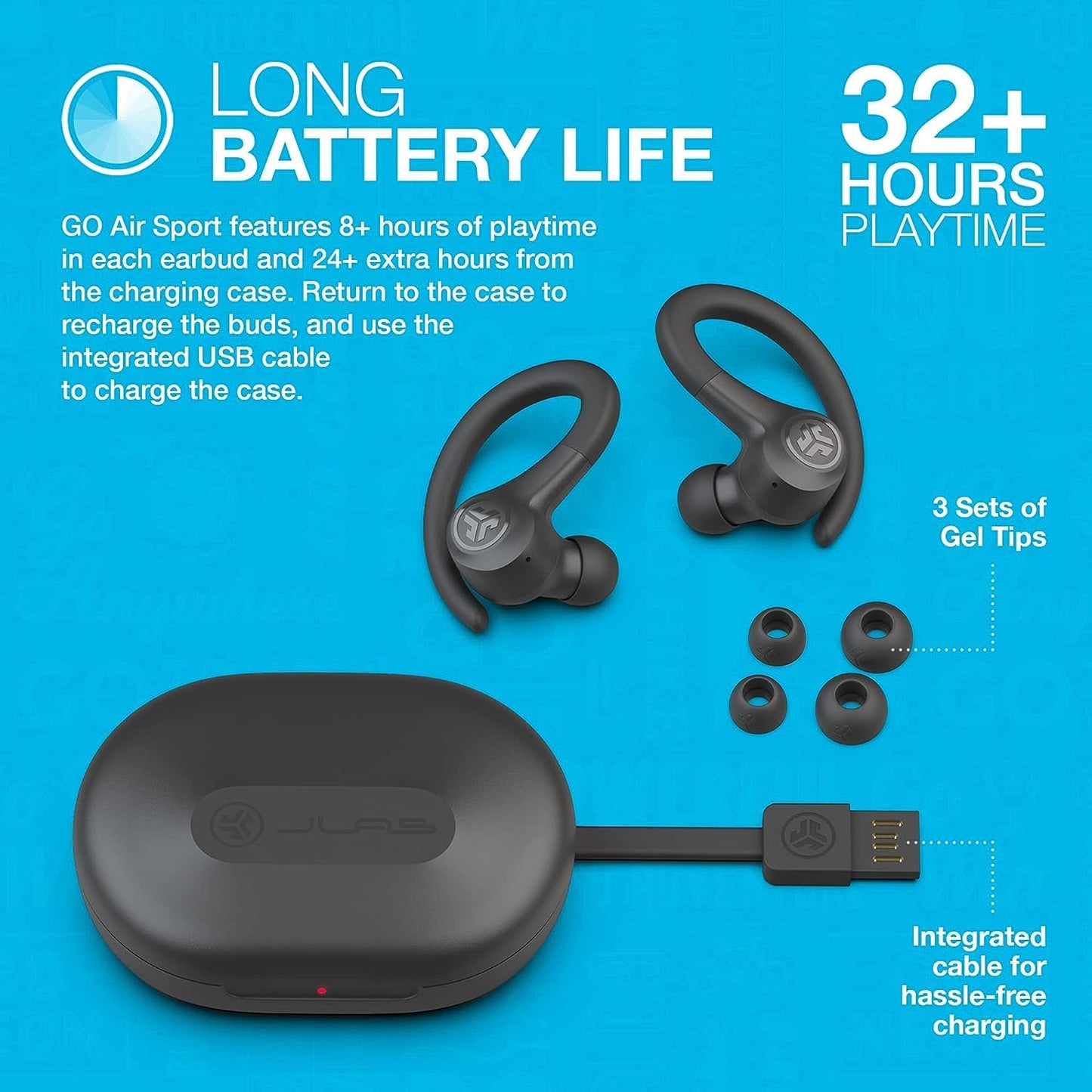 JLab, Go Sport+, True Wireless Workout Earbuds, Bluetooth Sport Earbuds, Clear Calling, Graphite