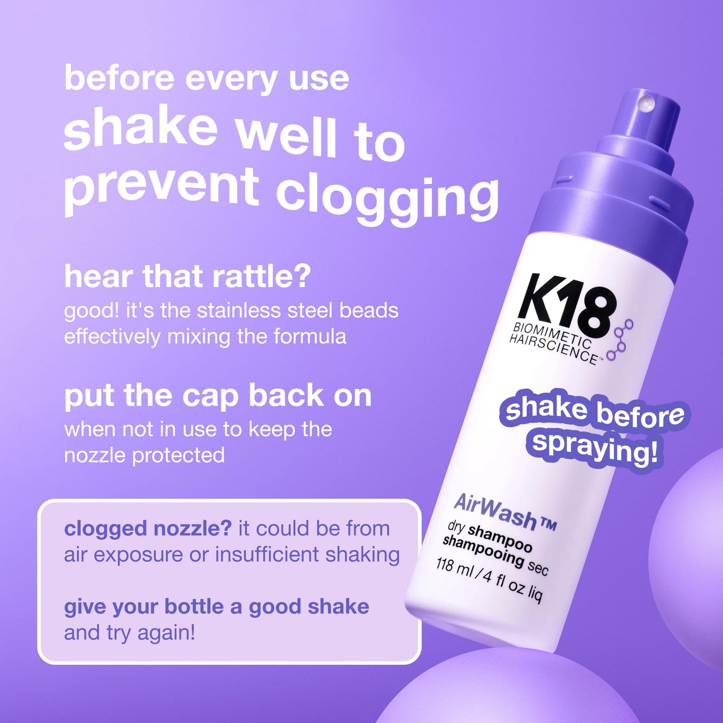 K18 AirWash™ Dry Shampoo, Non-Aerosol, Balances Scalp & Controls Excess Oil Production