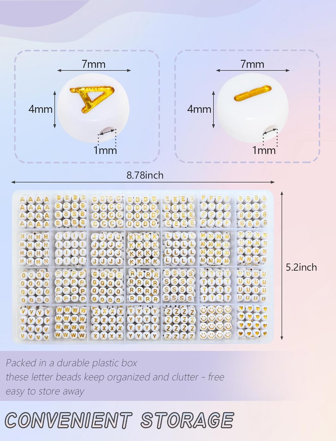 Looconi 810pcs Gold Letter Beads Square 6x6mm White Cube Acrylic Alphabet A-Z with Heart Pattern and Crystal Line for Jewelry Making
