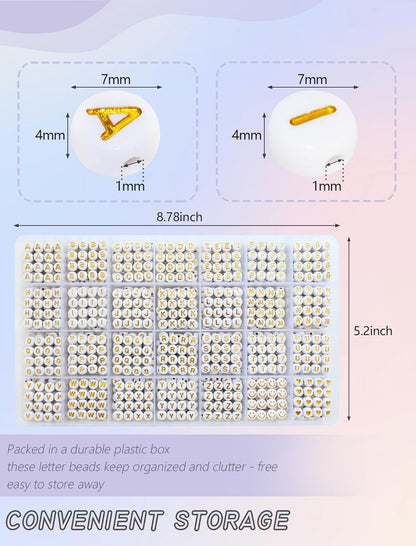 Looconi 810pcs Gold Letter Beads Square 6x6mm White Cube Acrylic Alphabet A-Z with Heart Pattern and Crystal Line for Jewelry Making