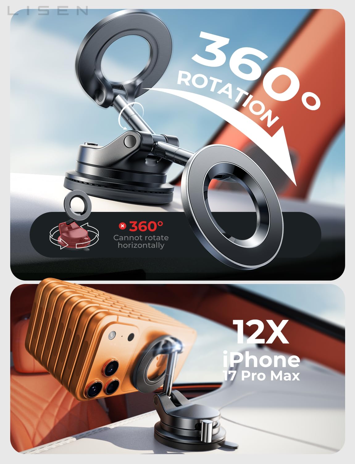 LISEN for Magsafe Car Mount, Magnetic Phone Holders for Your Car Vacuum, Phone Mount for Car Accessories for Women Men Jeep BMW, Suction Holder Kits, for iPhone 17 Pro Max 16 15 14 13 12,Carbon Fiber