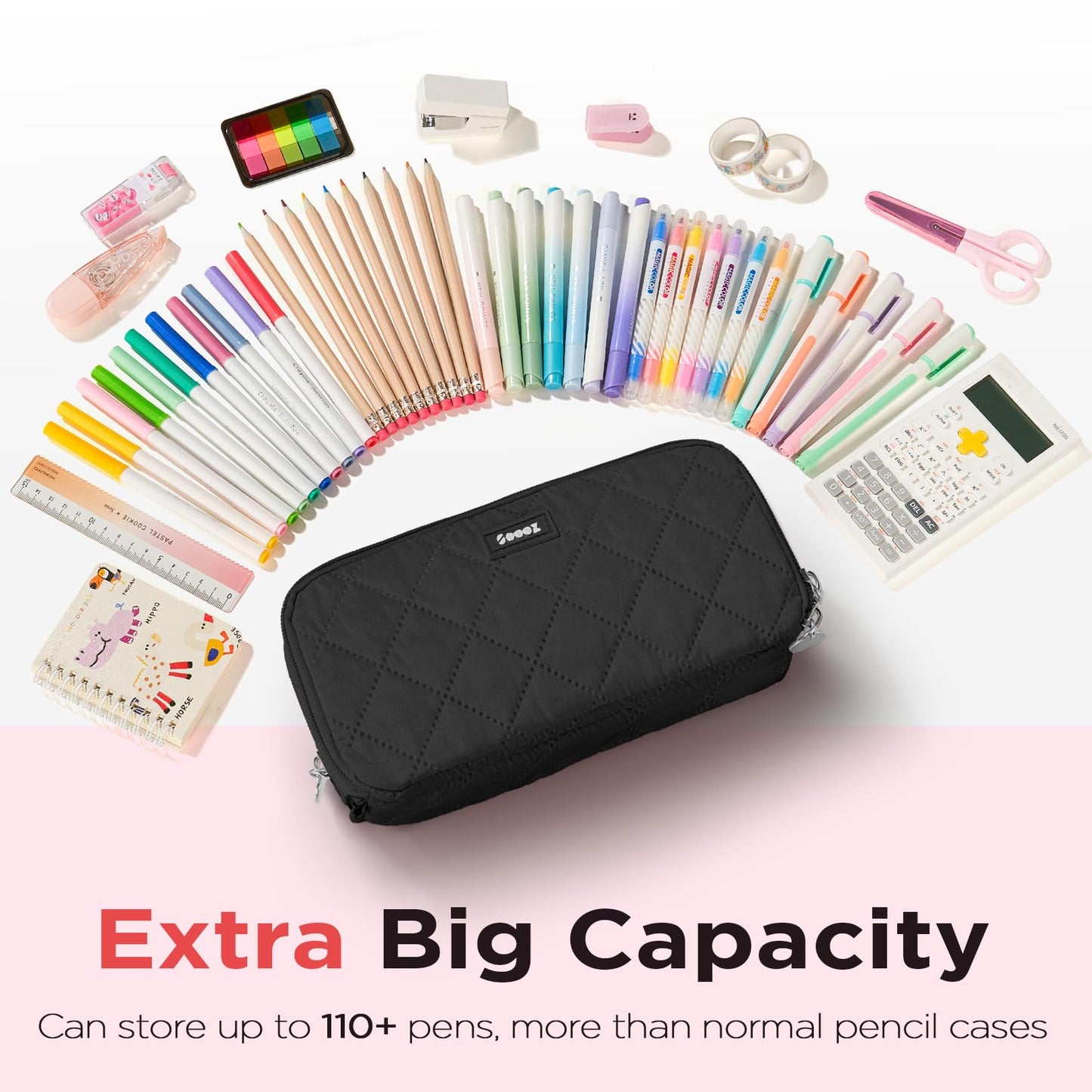 Sooez Large Pencil Case Pouch, Extra Big Pencil Bag with 8 Compartments, Pen Bag Wide Opening, Soft Quilted Pencil Pouch Organizer with Zipper, Portable Pencil Case for Teen Girls, Beige