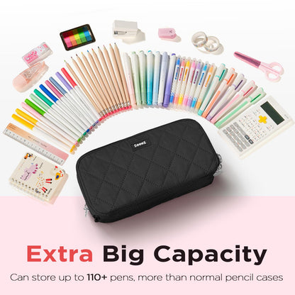 Sooez Large Pencil Case Pouch, Extra Big Pencil Bag with 8 Compartments, Pen Bag Wide Opening, Soft Quilted Pencil Pouch Organizer with Zipper, Portable Pencil Case for Teen Girls, Beige