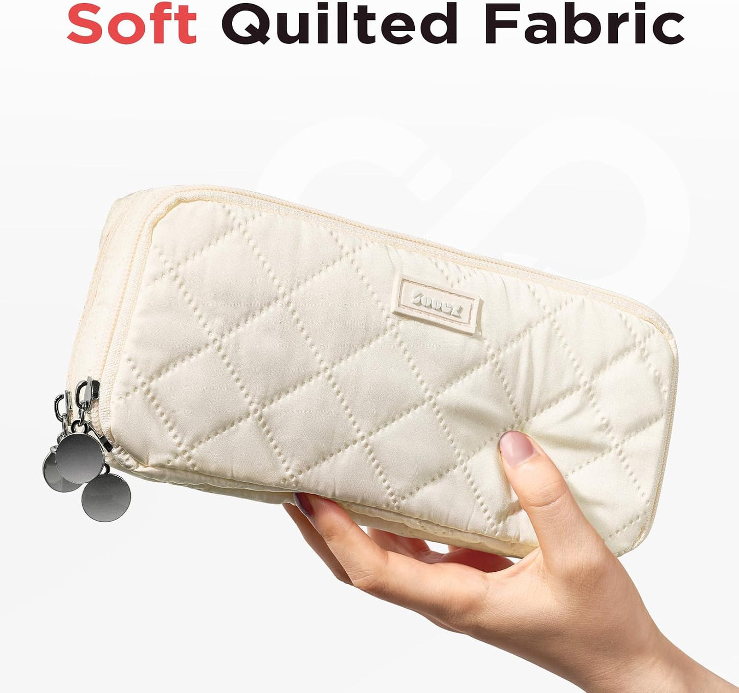 Sooez Large Pencil Case Pouch, Extra Big Pencil Bag with 8 Compartments, Pen Bag Wide Opening, Soft Quilted Pencil Pouch Organizer with Zipper, Portable Pencil Case for Teen Girls, Beige