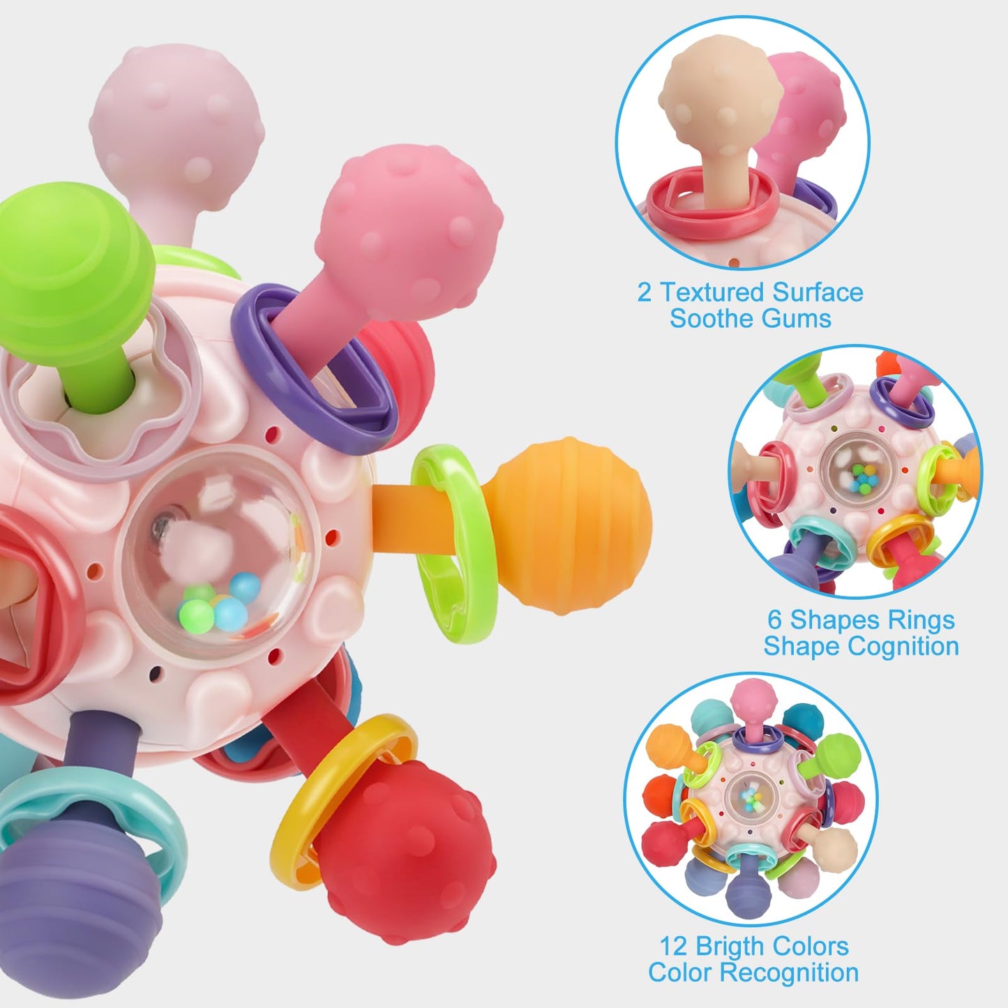Baby Montessori Sensory Teething Toy 0-6 6-12 Months, Teether Ball & Rattle