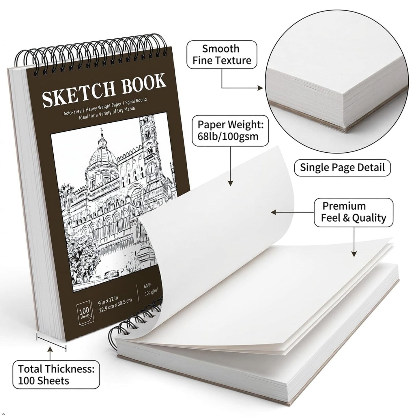Soucolor Sketch Book 9" x 12", 100 Sheets Kids Art Sketchbook Drawing Pad