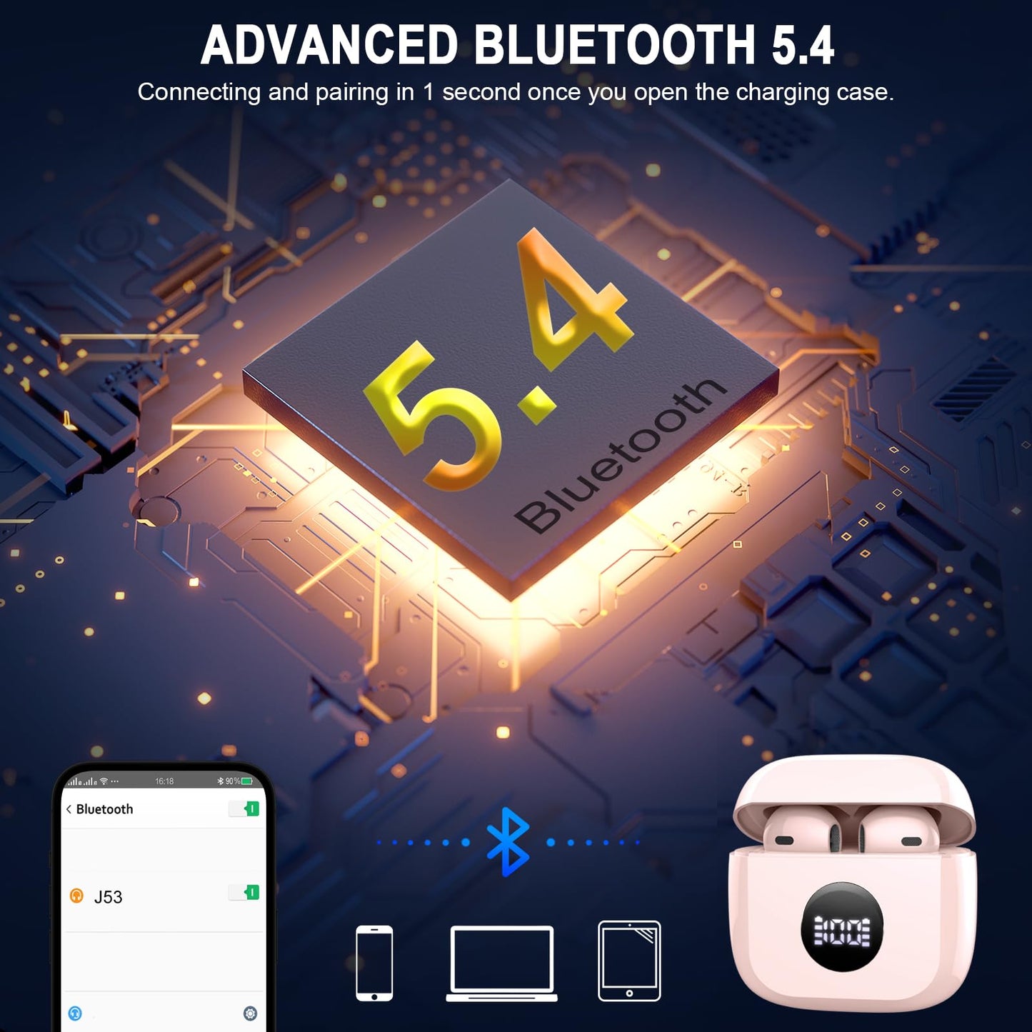 Wireless Earbuds, Bluetooth 5.4 Ear Buds, LED Power Display, 6D Bass Stereo