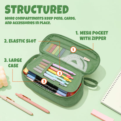 SUNEE Cute Pencil Case, Soft Corduroy Large Capacity Pencil Pouch, Aesthetic Zipper Pencil Bag, Big Storage Pen Organizer for Stationery, Pencil Box Back to School Supplies for Teen Girls Boys, Beige