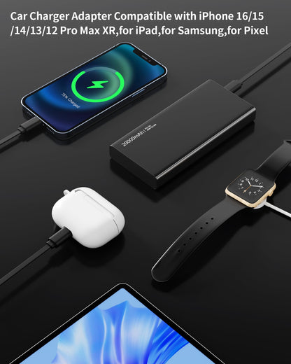 Retractable Car Charger, 4-in-1 Fast Charger with USB-C & USB-A