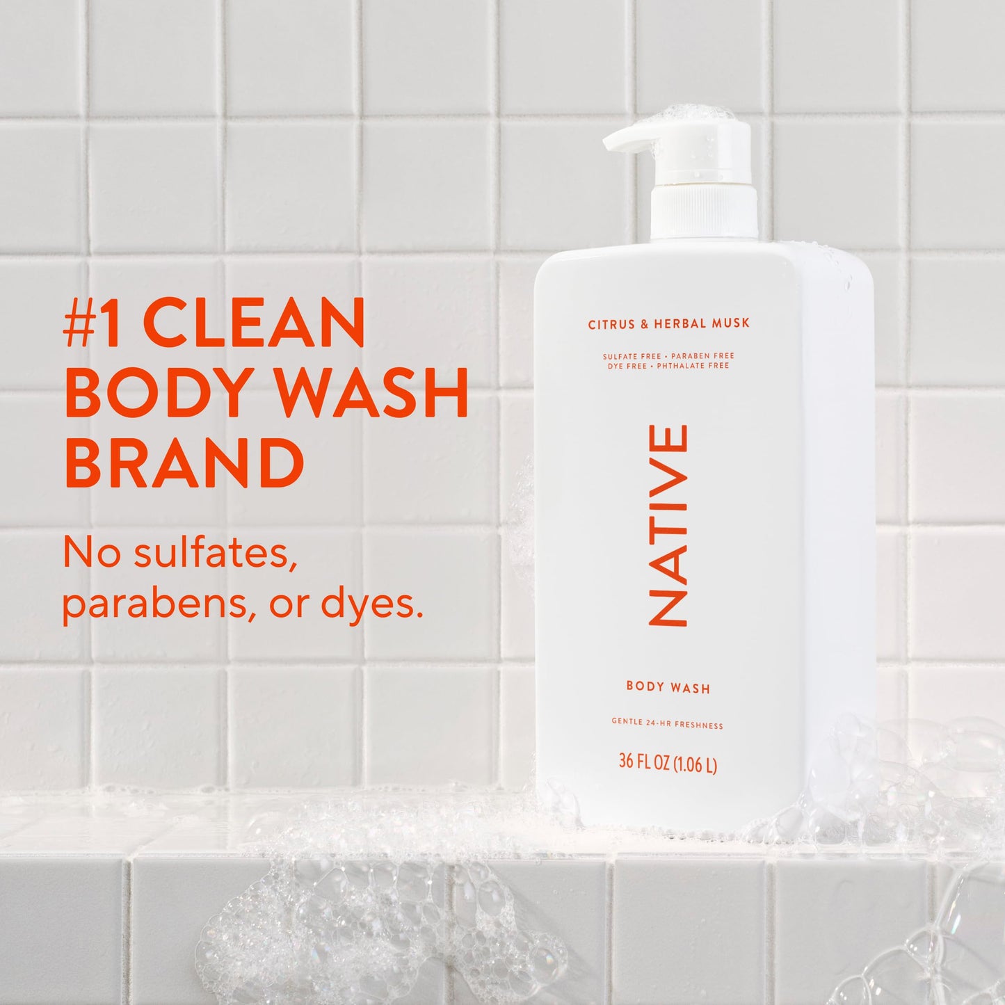 Native Clean Body Wash, Gentle & pH-balanced for Sensitive Skin, 24-Hr Freshness for Women & Men, Vegan & Cruelty-Free, Free of Sulfates, Parabens & Phthalates, Sandalwood & Shea Butter, 36 oz