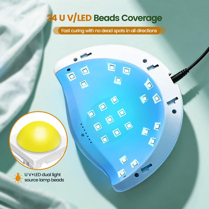 JODSONE U V LED Nail Lamp with Base Coat Top Coat Set, Nail Dryer for Gel Polish for Nails with Automatic Sensor & 4 Timers